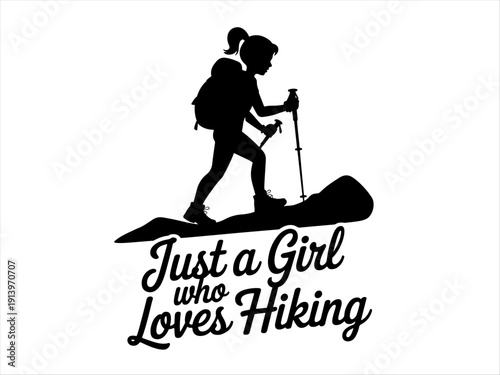 Girl with ponytail hiking with trekking poles, silhouette emphasizes mountain adventure.