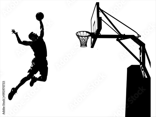 Basketball player mid-air slam dunk, hoop and backboard visible, motion and athleticism emphasized.