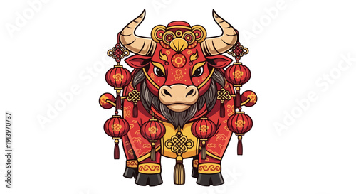 Illustration of a red and gold bull wearing a Chinese New Year costume with lanterns on a white background.