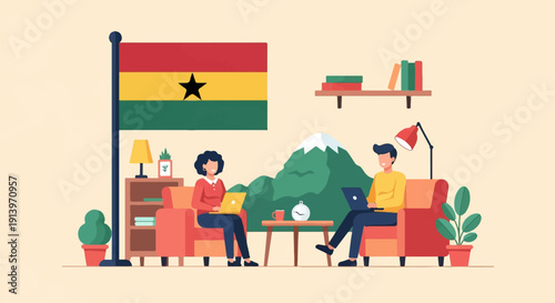 Two people work on laptops at home with a Ghanaian flag and mountains