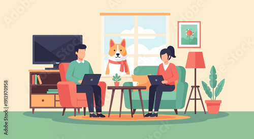 Two people work on laptops at home with a dog in the window