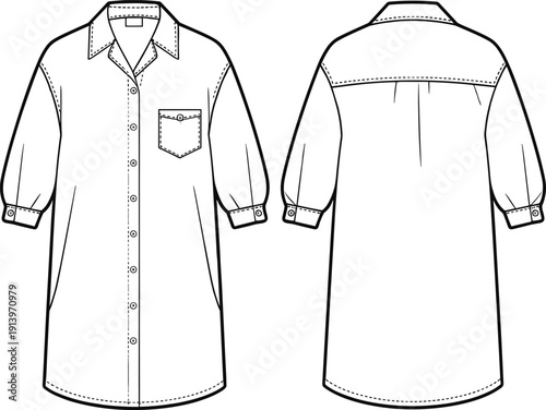Technical fashion illustration of women long shirt dress front and back view with button closure pocket collar vector line art