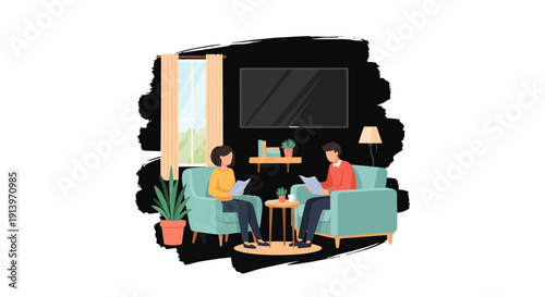 Two people sit in armchairs reading books in a cozy living room