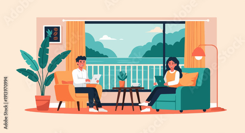 Two people work on laptops by a scenic bay window