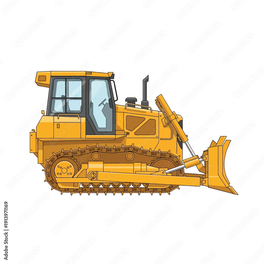 Obraz premium Yellow bulldozer on a white background, a heavy construction vehicle with tracks and a blade for moving earth and materials