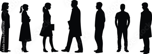 Business people silhouette set showing men and women standing in different poses, professional office workers consider team concept, isolated black figures on white background.