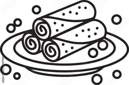 A black and white illustration of cinnamon rolls arranged on a plate