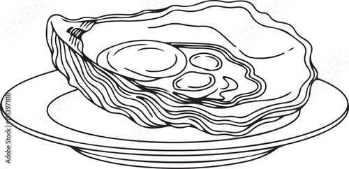 Black and white illustration of an open oyster shell on a plate