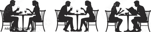 Couple dining silhouettes set showing man and woman sitting at restaurant table, drinking wine, eating food and reading menu, romantic cafe dinner isolated on white background.