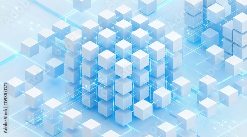 White geometric cube structure with blue light lines, data and technology concept