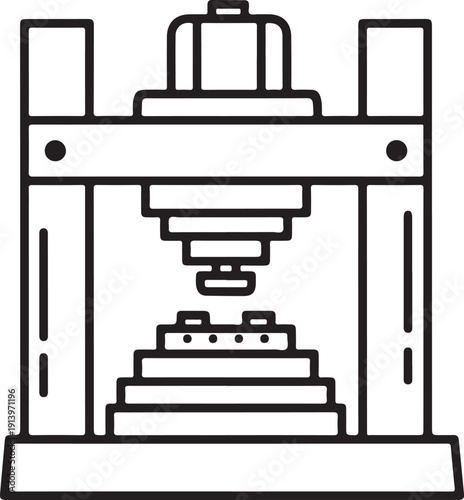 Line art illustration of an industrial press machine with a central compression mechanism