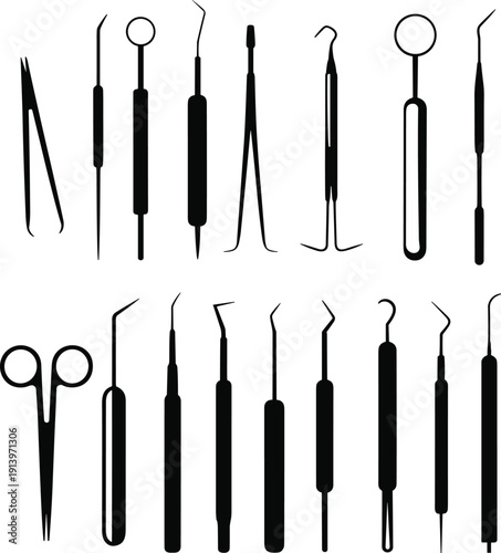 Dental tools silhouette set featuring dentist instruments, scaler, mirror, probe and forceps, orthodontic and dental clinic equipment collection isolated on white background.