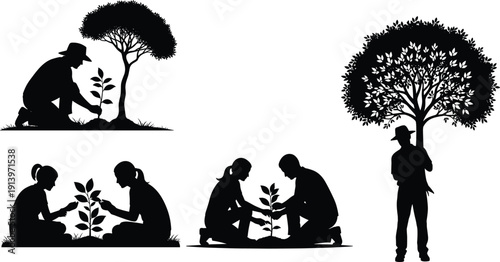 Silhouettes of people planting trees and nurturing plants together, environmental conservation concept, eco friendly lifestyle, teamwork gardening activity, nature protection illustration set