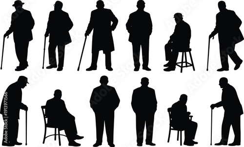 Elderly men silhouette set showing senior people standing and sitting with walking cane, old age retirement concept, mature male figures isolated on white background.
