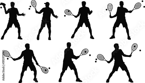Tennis player silhouettes set showing forehand backhand serve actions isolated on white background sports vector illustration for training fitness competition and athletic design use