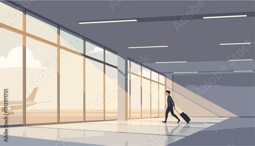 Modern Airport Corridor Interior with Traveler Walking – Minimal Travel Illustration