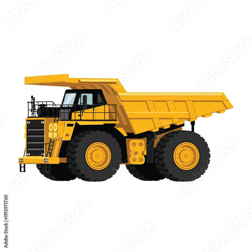 Large yellow mining dump truck with a massive haul capacity and robust design, built for heavy-duty operations and material transport in industrial settings