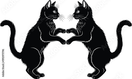 Two black cats facing each other forming heart shape with paws silhouette illustration isolated on white background romantic love animal design vector artwork