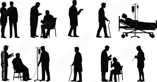 Healthcare and hospital silhouette set showing doctor consultation, patient treatment, IV therapy, elderly walking with cane, medical staff interaction and clinic care scenes isolated.