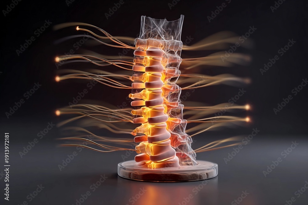 Fototapeta premium Model shows human spine with glowing nerves and energy shapes in dark background representing nervous system function