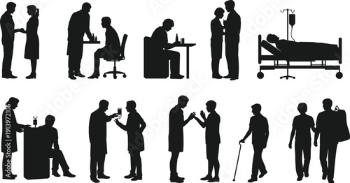 Hospital patient care silhouettes set showing doctor consultation, nurse assistance, medical treatment, family support, recovery and elderly walking, healthcare clinic scenes isolated.