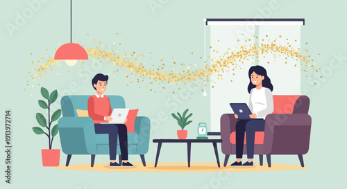 Two people working on laptops in a comfortable living room setting