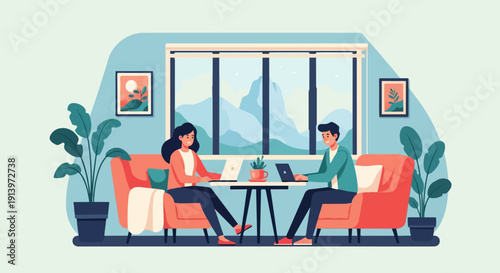 Two people working on laptops in a comfortable, well-lit room