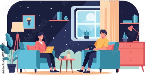 Two people working on laptops in a cozy living room at night