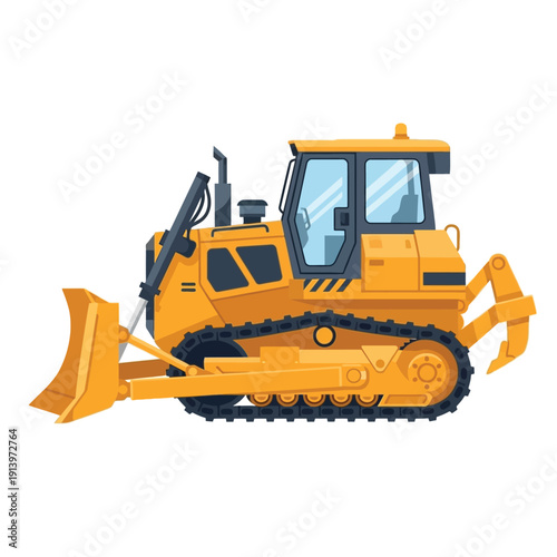 Yellow bulldozer in motion, heavy construction vehicle with a large blade and tracks, perfect for industry and civil engineering projects