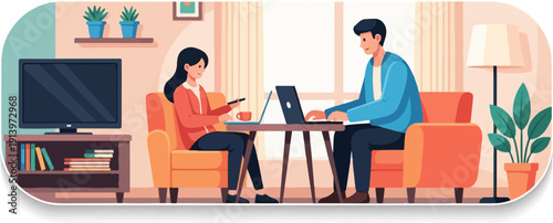 Two people working on laptops in a cozy living room with plants