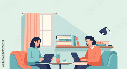 Two people working on laptops in a cozy room with books and a plant