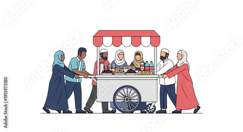 Illustration of diverse people pushing a colorful food cart on a white background with a joyful mood.