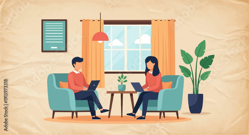 Two people working on laptops in a living room, seated on comfortable chairs