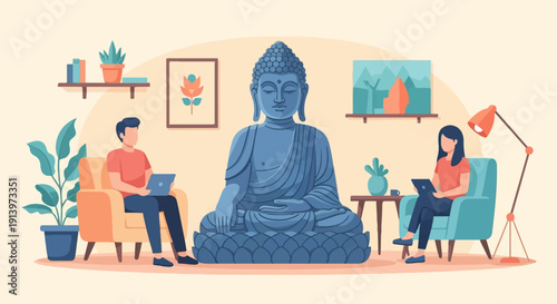 Two people working on laptops in a living room with a large Buddha statue