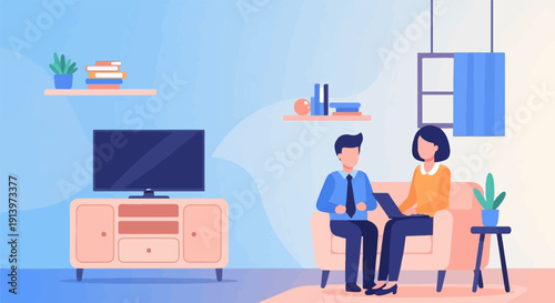 Two people working on laptops in a living room with a television and bookshelves