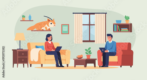 Two people working on laptops in a living room with a squirrel