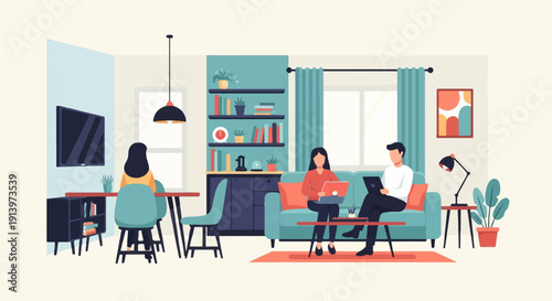 Two people working on laptops in a modern living room