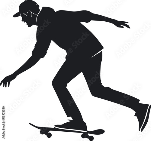 Vector silhouette illustration of a male skateboarder wearing a baseball cap and hoodie, isolated on a transparent background, performing a trick.