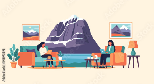 Two people working on laptops in a room with a mountain view