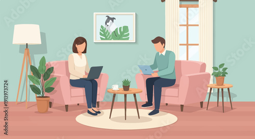 Two people working on laptops in cozy armchairs with plants and decor