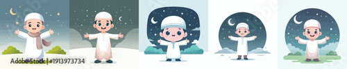 vector of a little muslim boy standing looking at the ramadan night sky