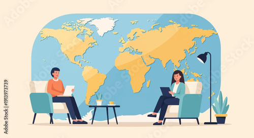 Two people working on laptops in comfortable chairs with a world map background