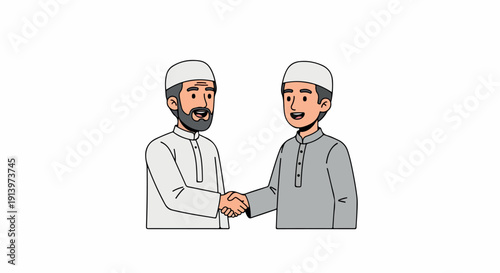 Illustration of two smiling Muslim men shaking hands in traditional attire against a plain white background.