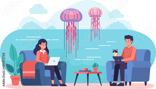 Two people working on laptops in cozy chairs beside the sea with jellyfish overhead