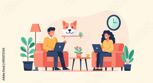 Two people working on laptops in cozy living room with dog decor