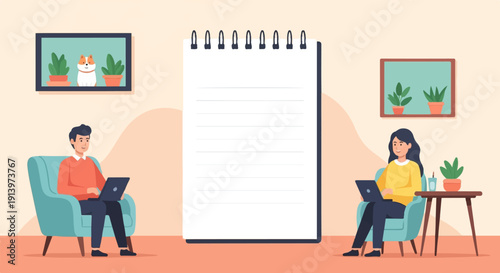 Two people working on laptops in cozy chairs next to a blank notebook