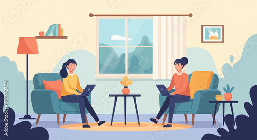 Two people working on laptops in cozy chairs at home