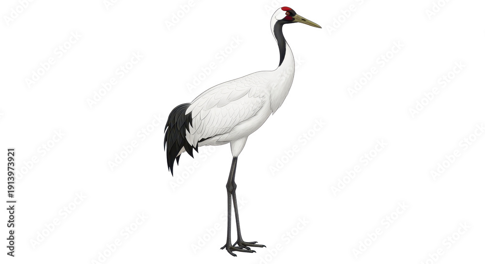 Obraz premium Elegant red-crowned crane with pristine white plumage, black neck and tail feathers, and long slender dark legs, standing gracefully. isolated PNG with Transparent Background