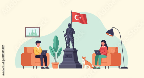 Two people working on laptops near a war monument, dog present