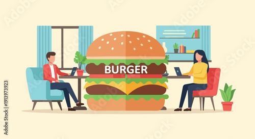 Two people working on laptops next to a giant burger